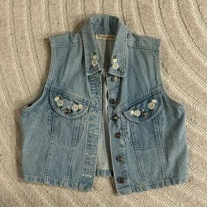 Vintage 90s Great Land Denim Daisy Embroidered Vest - S